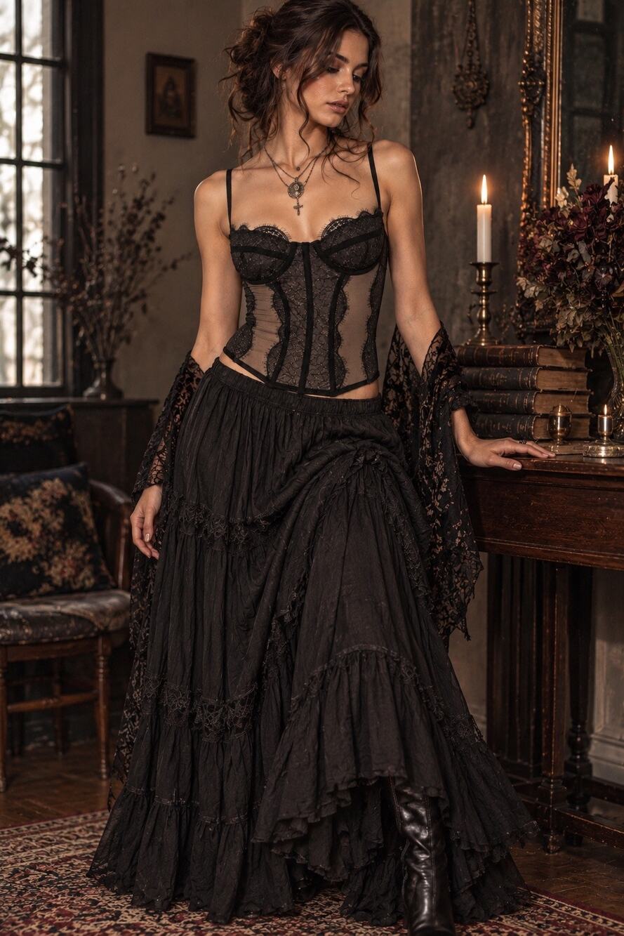 Whimsigoth Black Lace Corset Bustier Top M Edwardian Goth Dark Coquette Sheer